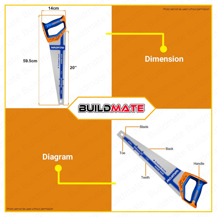 BUILDMATE Wadfow Hand Saw 7TPI 0.9MM 16" 18" 20" 22" 24" Inch with Teeth Protector Cutting Wood Tool WHT