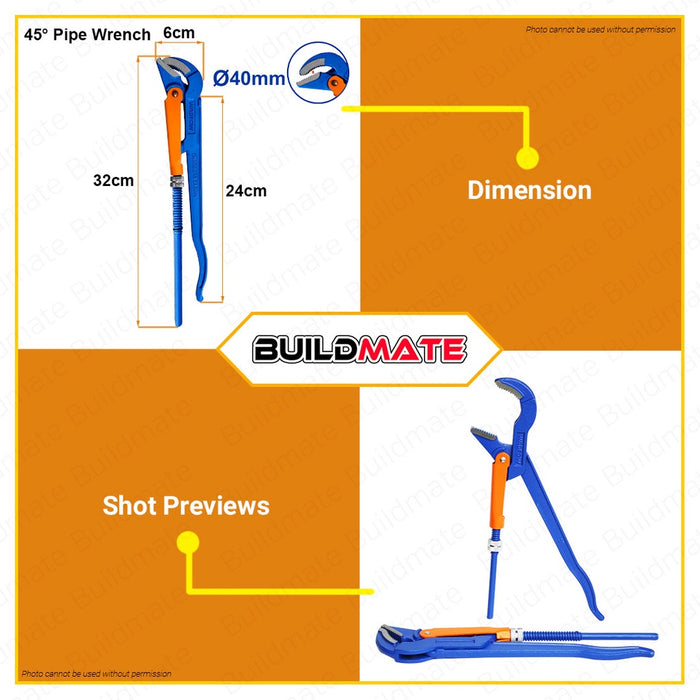 WADFOW 45° Heavy Duty Swedish Pipe Wrench 1" Inch Solid Rivet Carbon Steel WPW3101 •BUILDMATE• WHT