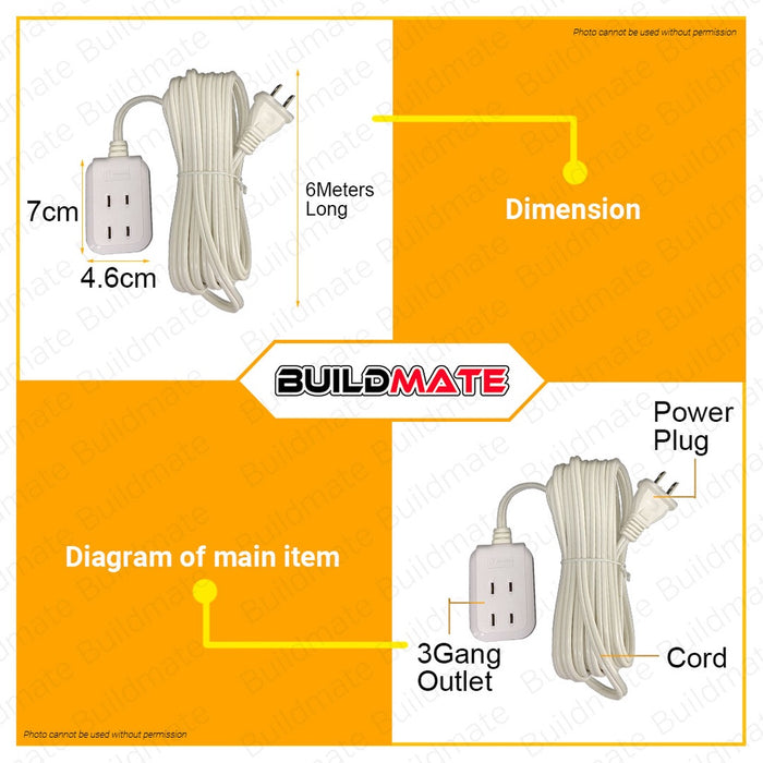 POWERHOUSE Electric 6 Meters 3 Gang Extension Cord Portable Socket Outlet Flat Pin PHEC-100-6M  PWTA