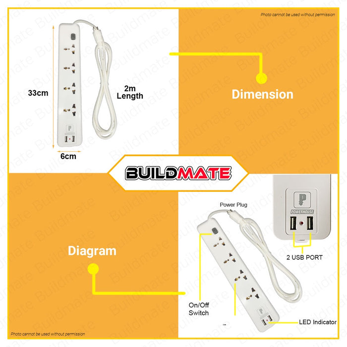 POWERHOUSE USA Extension Cord 1x Switch USB Universal Outlet Socket Surge Protector PHEC-005U PWTA