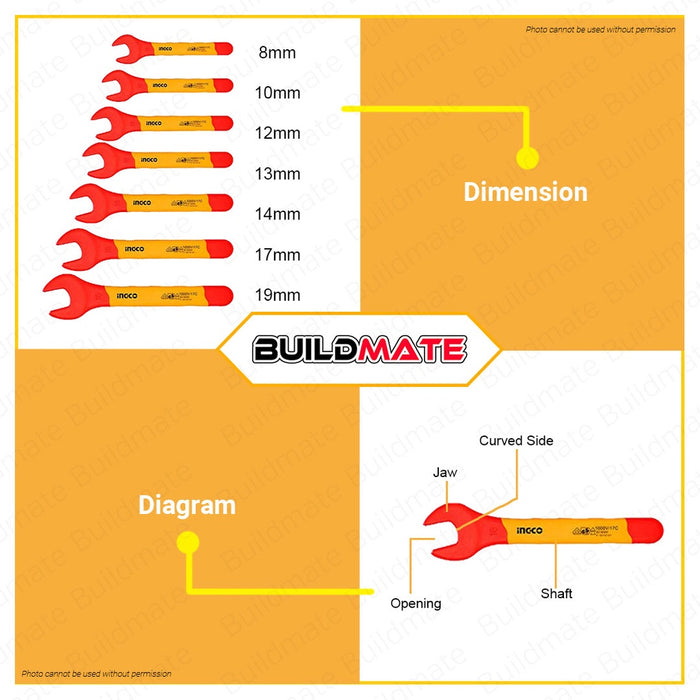 BUILDMATE Ingco 7PCS/SET Insulated Open End Spanner Set 8mm-19mm Electrical Insulated Wrench Tool Kit HKISPA0701 - IHT