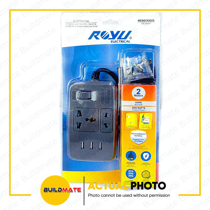 ROYU 2 GANG 3 USB Extension Cord with Switch Power Strip REDEC632/G •BUILDMATE•