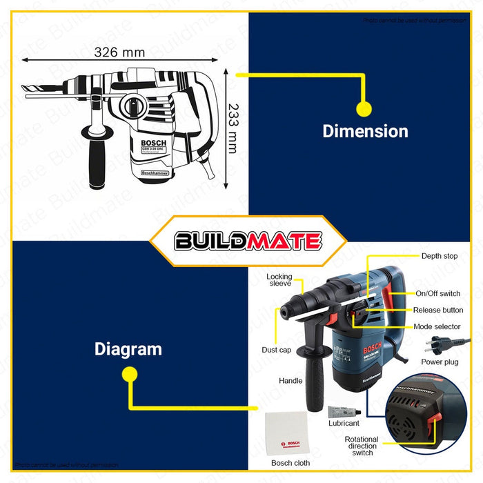 Bosch 800W SDS Plus Hammer Drill with Carrying Case Rotary Hammer Drill GBH 3-28 DRE 061123A0K0 BPT