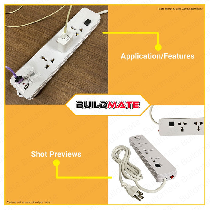 POWERHOUSE Extension Cord Individual Switch USB Universal Outlet Socket PHEC-004U •BUILDMATE• PWTA