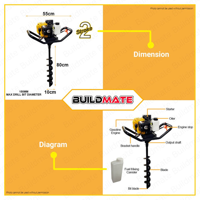 BUILDMATE Powerhouse USA Earth Ground Auger Machine 2-Stroke 52cc Engine 1500W PH-EAM-52C - PHI