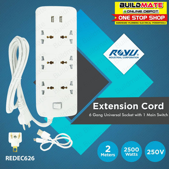 ROYU 6 GANG Extension Cord with 1 Main Switch & 2USB Port Power Strip REDEC626 •BUILDMATE•