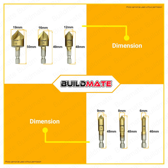 LOTUS 6PCS/SET Countersink Bit 1/4" Inch 6X 90 Degree Counter Sinker Drill LTXT600CBX •BUILDMATE•