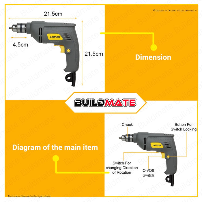 LOTUS Rotary Drill 10mm 400W Soft Grip For Drilling With Free Carbon Brush LTDR400RE •BUILDMATE•