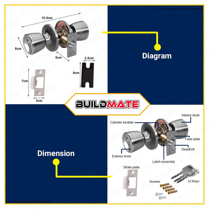 LOTUS / EL / STAR WHEEL Cylindrical Entrance Lockset Doorlock Door Lock Knob Set With Keys BUILDMATE