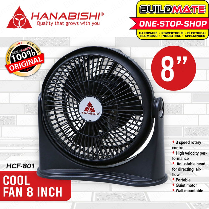 BUILDMATE Hanabishi Cool Fan 8" Inch 3-Speed Wall Mountable Portable Electric Compact Round Desk Fan HCF-801 /HCF801