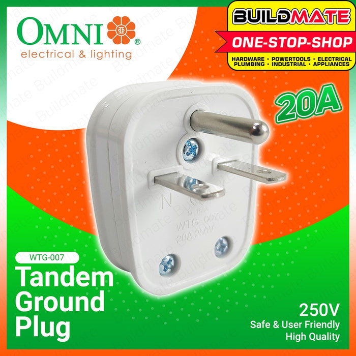 BUILDMATE Omni Tandem Ground Plug 20A 250V 2 Parallel Prongs and Grounding Pin Heavy Duty Electric Grounded Plug WTG-007