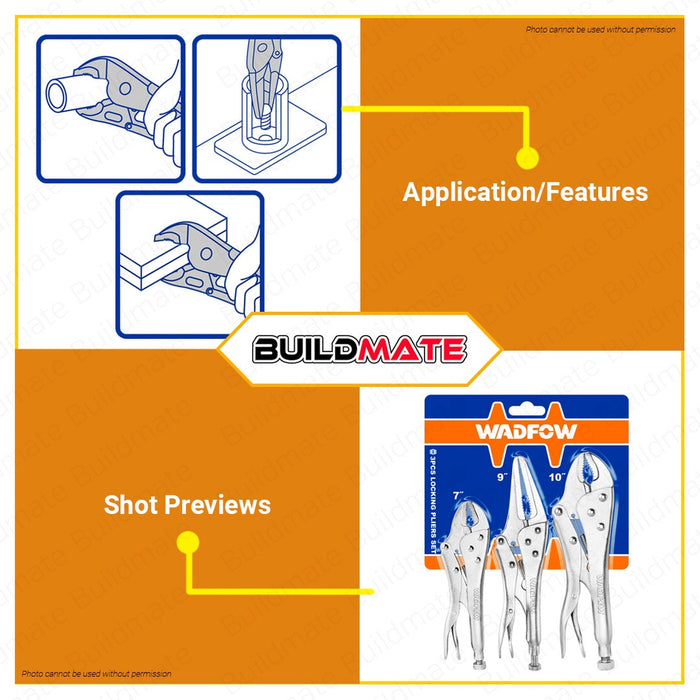 WADFOW 3 PCS Locking Pliers Set Straight Jaw Long Nose Curved Jaw Lock WLP5703 •BUILDMATE• WHT