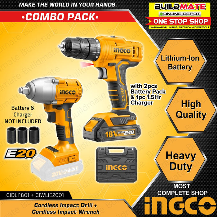 [COMBO] INGCO Cordless Impact Drill 18V CIDLI1801 + Cordless Impact Wrench 20V CIWLIE2001 IPT