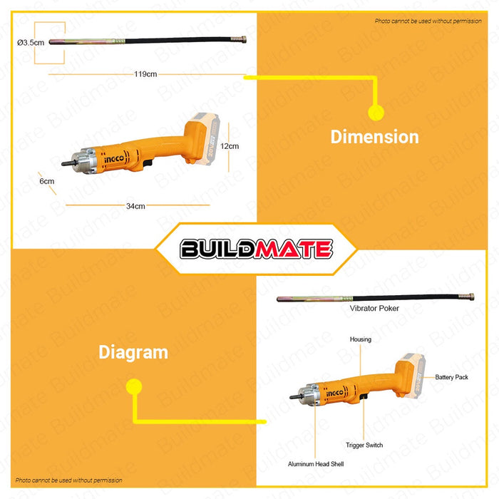 BUILDMATE Ingco Lithium-Ion Cordless 20V Concrete Vibrator 2300rpm Rechargeable Handheld  Air Bubbles Remover Concrete Compaction Vibration Tool - ICPT