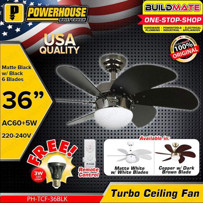 POWERHOUSE Turbo Ceiling Fan AC Motor 36in With Led Bulb & Remote Control Black, White & Wood PHE