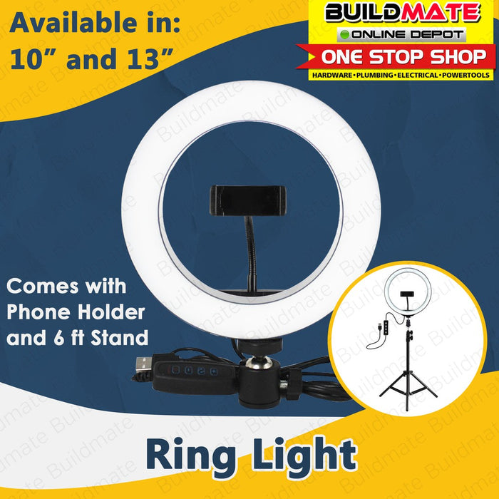 Dimmable 13" LED Selfie Ring Light with 6ft Tripod Stand and Phone Holder 33cm •BUILDMATE•