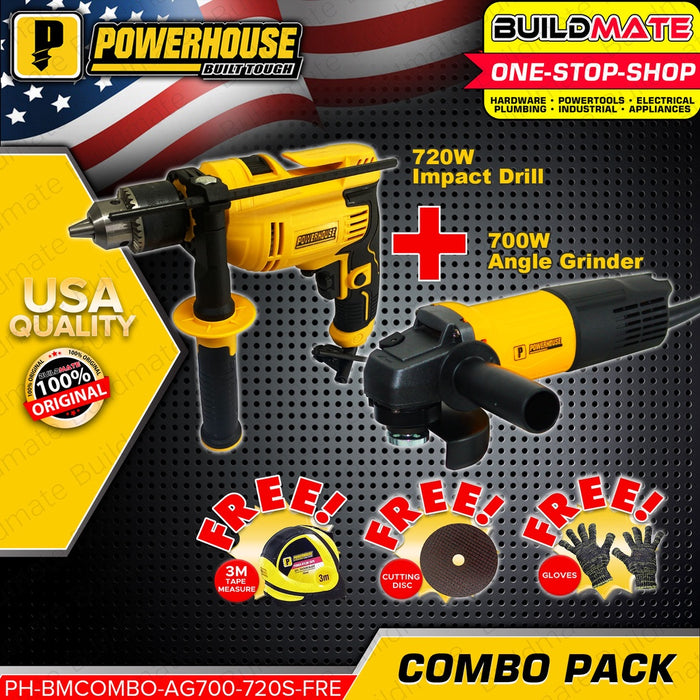 [COMBO] POWERHOUSE Angle Grinder AG700 + Impact Drill 720S + Gloves + Tape Measure 3M + Cutting PWTA