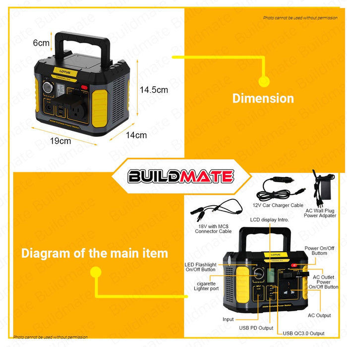 LOTUS 200W Li-Ion Cordless Power Station Bank Mini Generator USB Outlets Solar Charging PR200XLI