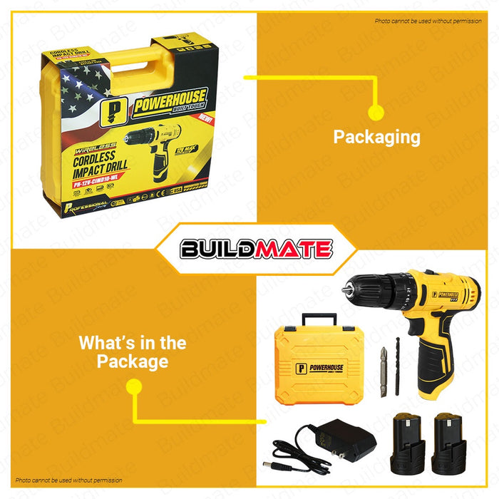 POWERHOUSE Cordless Impact Drill 12V 10mm Drill Chuck 1.5 Ah Li-Ion PH-12V-CIMD10-WL •BUILDMATE PHPT