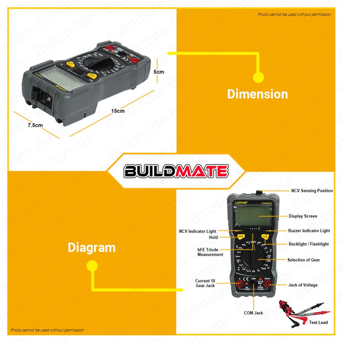 LOTUS Digital Multimeter Tester 2000C With 3pcs AAA Batteries Volt Multimeter LTDM900E •BUILDMATE•