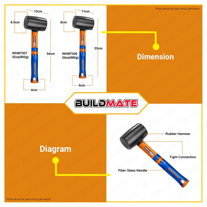 WADFOW 24oz | 32oz Rubber Hammer W/ Fiberglass Handle [SOLD PER PIECE] Rubber Mallet •BUILDMATE• WHT