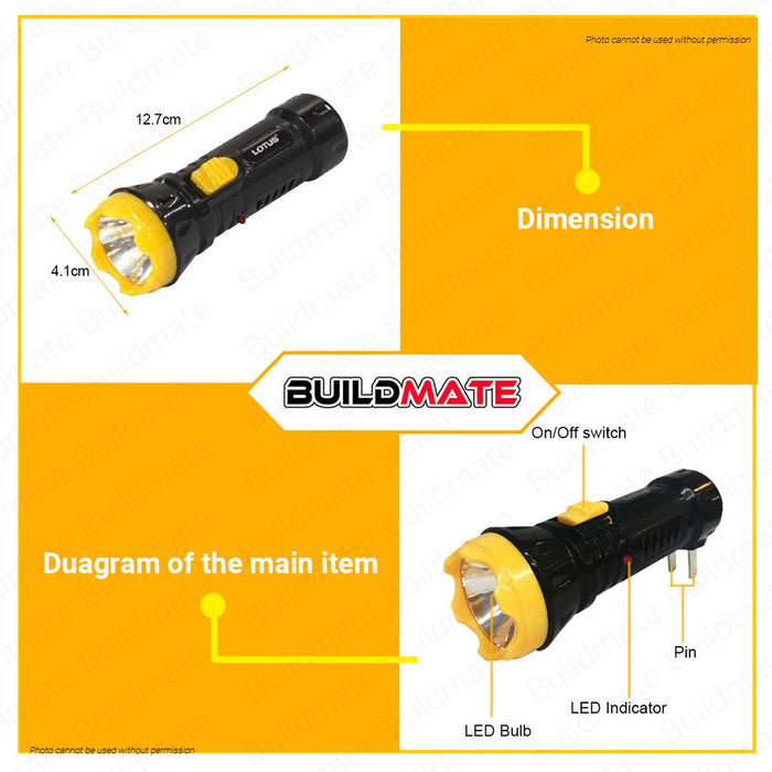 LOTUS 5W Rechargeable LED Flashlight Emergency Flash Light Work Light PVC LTHT2000RFX •BUILDMATE•