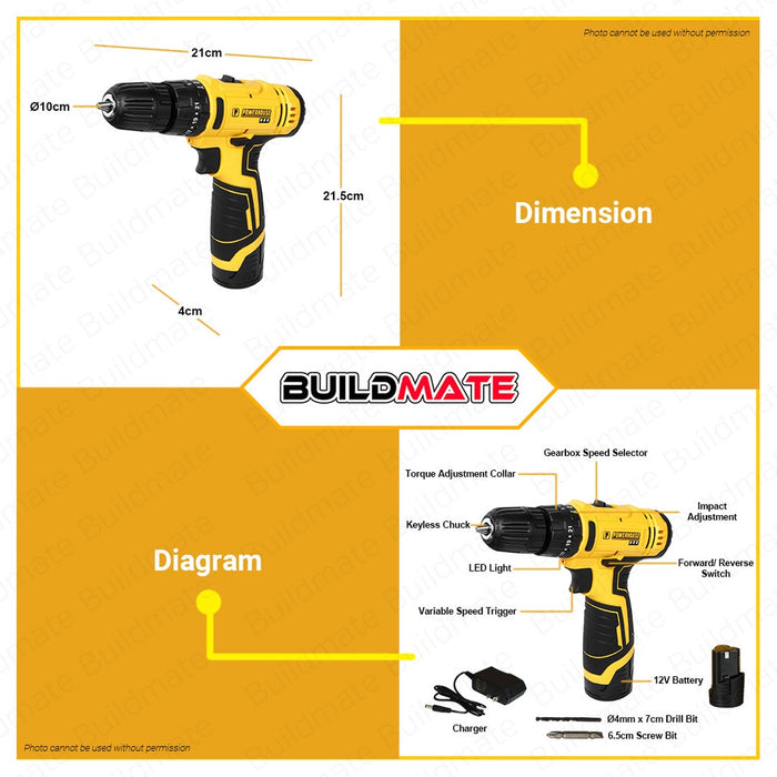 POWERHOUSE Cordless Impact Drill 12V 10mm Drill Chuck 1.5 Ah Li-Ion PH-12V-CIMD10-WL •BUILDMATE PHPT