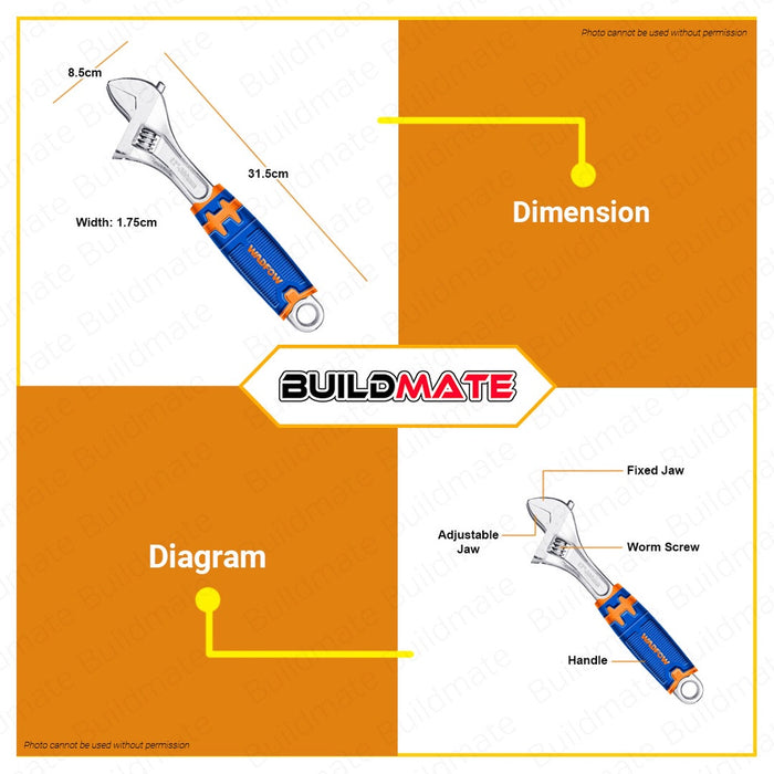 WADFOW Adjustable Wrench 12" Inch 300mm Unique Design Two Tone Handle Wrenches WAW2212 BUILDMATE WHT