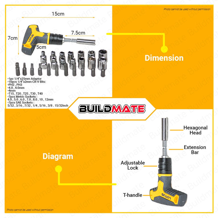 LOTUS 26PCS T-Handle Wrench Screwdriver Set Screw & Socket Bits Screw Driver LTHT26STH •BUILDMATE•