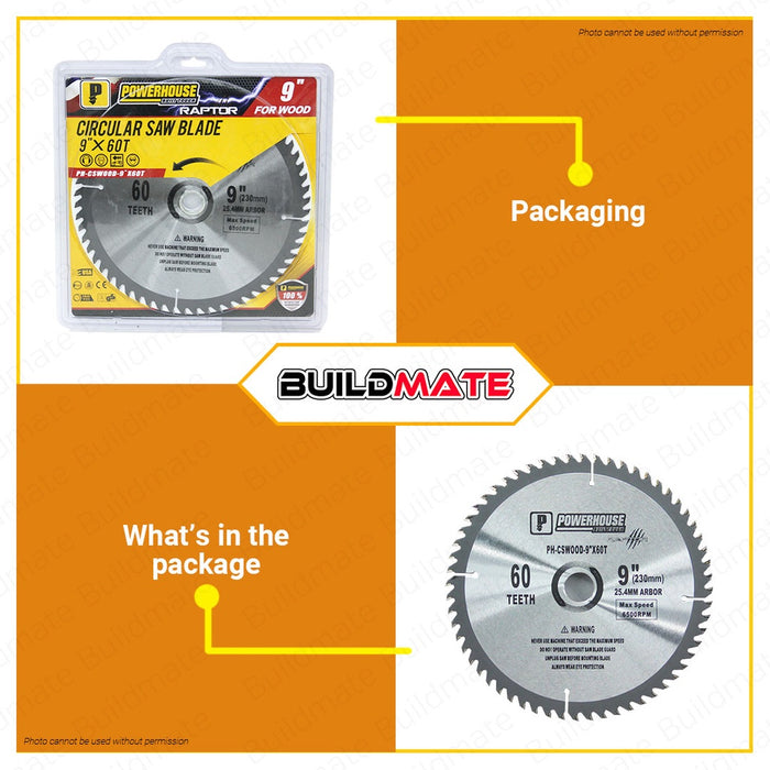 POWERHOUSE Circular Saw Carbide Tip For Wood 9" 60T Wood Cutting Blade PH-CSWOOD9X60T BUILDMATE PTAA