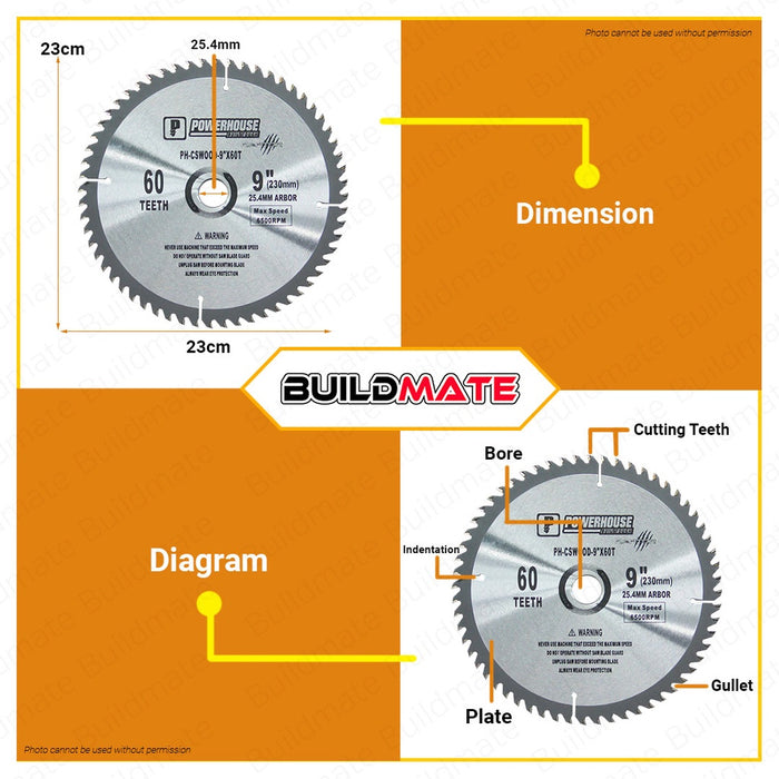 POWERHOUSE Circular Saw Carbide Tip For Wood 9" 60T Wood Cutting Blade PH-CSWOOD9X60T BUILDMATE PTAA