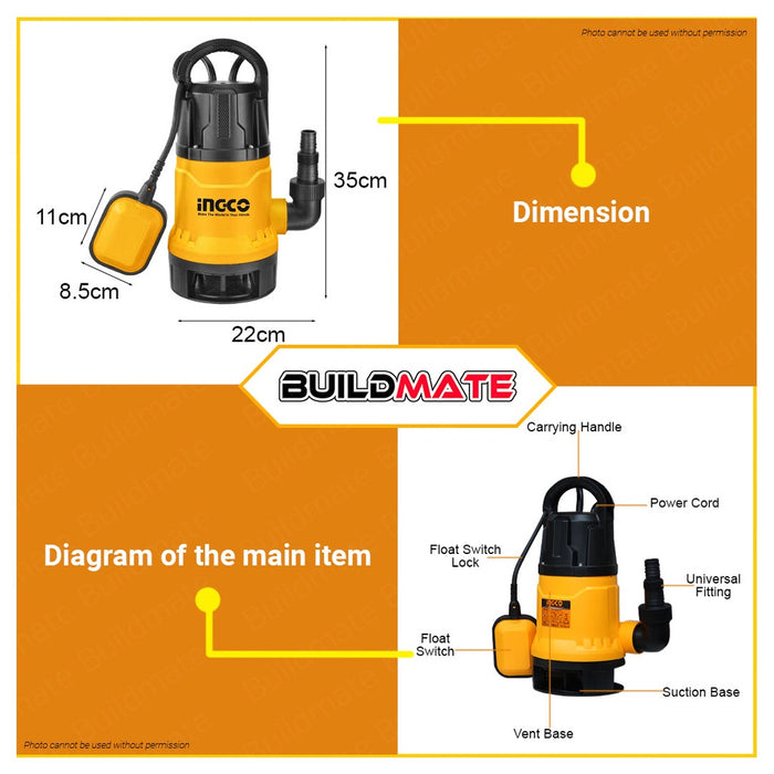 INGCO Sewage Submersible Pump 750W 1.0HP Submersible Water Transfer Pump SPD7508-5 •BUILDMATE• IPT