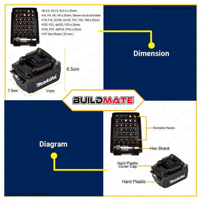 MAKITA 31PCS Screw Bit Set LXT With Battery Shape Case Screwdriver Bit ...