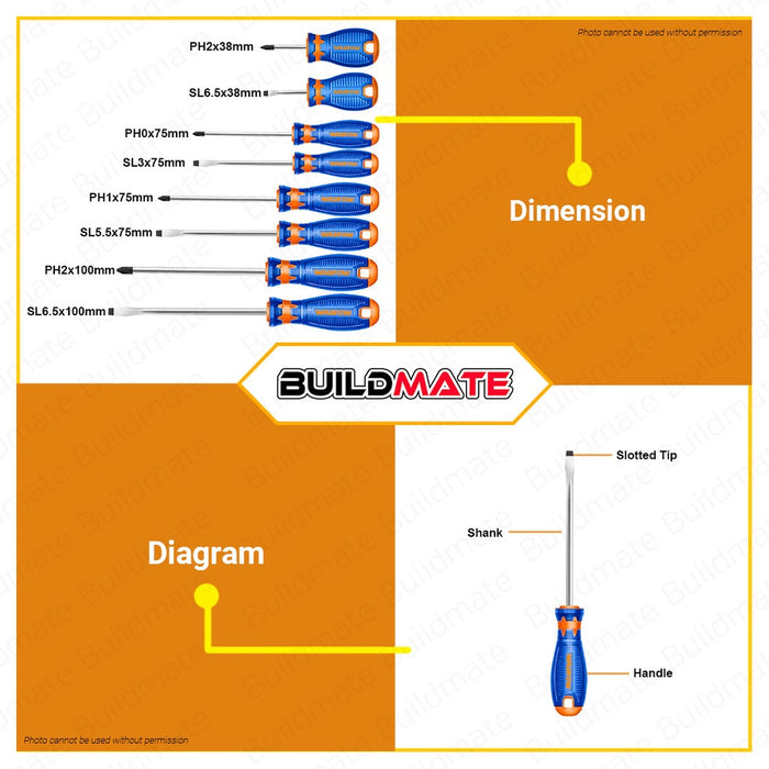 WADFOW 8PCS Screwdriver Set Phillips & Slotted Screw Driver Hand Tools Set WSS1408 •BUILDMATE• WHT