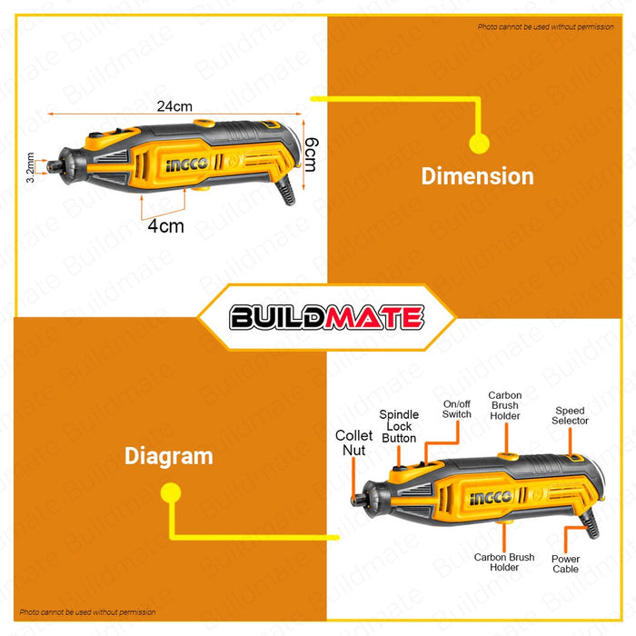 Mini drill grinder rod dremel type 130W + 52 accessories with INGCO ca